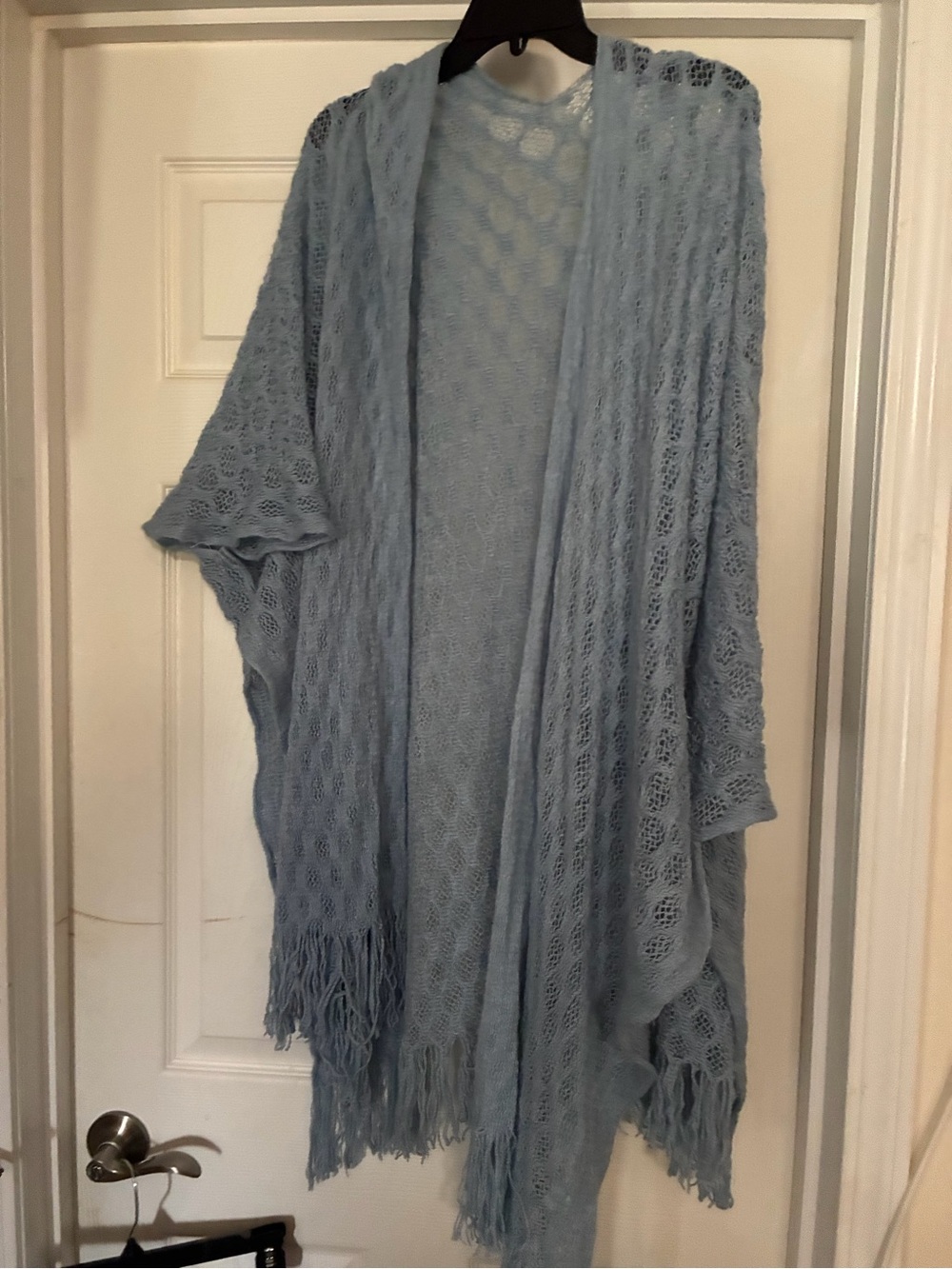 just be Light Blue Open Knit Fringe Poncho Cardigan